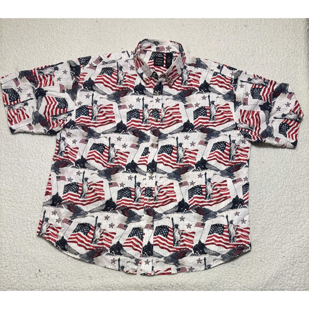 Cotton Traders Mens Button Up Shirt XXL Multicolor Patriotic Flag Eagle Statue